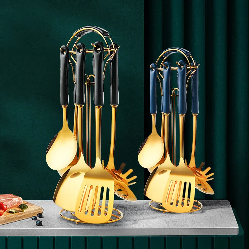 Stainless Steel Utensil Kitchen  Cooking Tools 6pcs Set Kitchen Accessories Gold Ceramic Cookers Set Pot Shovel Soup  Spoon