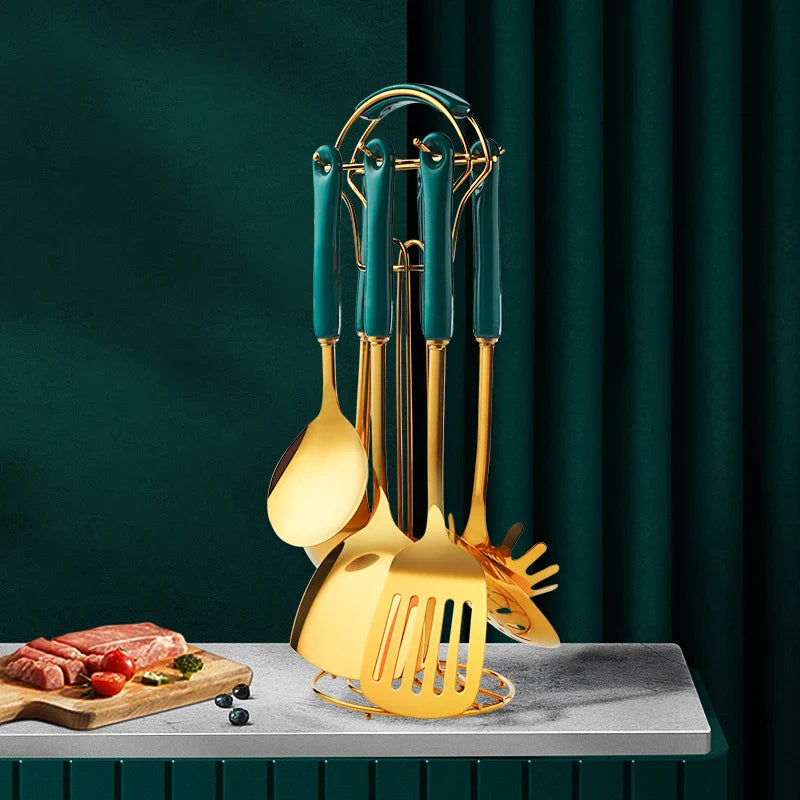 Stainless Steel Utensil Kitchen  Cooking Tools 6pcs Set Kitchen Accessories Gold Ceramic Cookers Set Pot Shovel Soup  Spoon