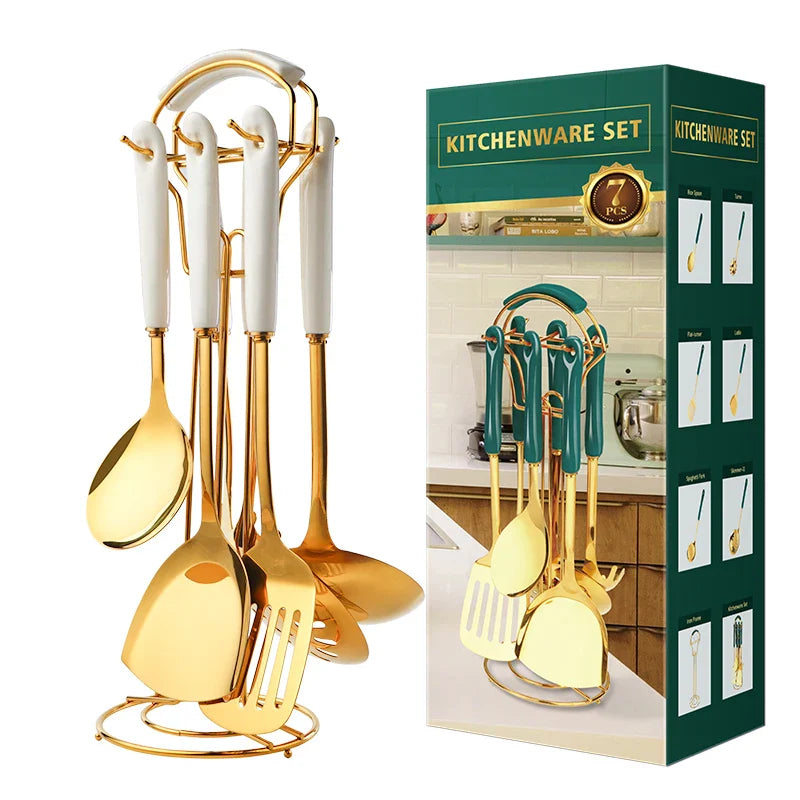 Stainless Steel Utensil Kitchen  Cooking Tools 6pcs Set Kitchen Accessories Gold Ceramic Cookers Set Pot Shovel Soup  Spoon