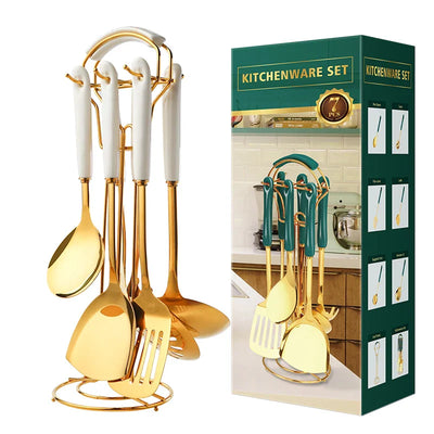 Stainless Steel Utensil Kitchen  Cooking Tools 6pcs Set Kitchen Accessories Gold Ceramic Cookers Set Pot Shovel Soup  Spoon