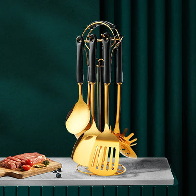 Stainless Steel Utensil Kitchen  Cooking Tools 6pcs Set Kitchen Accessories Gold Ceramic Cookers Set Pot Shovel Soup  Spoon