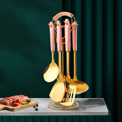 Stainless Steel Utensil Kitchen  Cooking Tools 6pcs Set Kitchen Accessories Gold Ceramic Cookers Set Pot Shovel Soup  Spoon