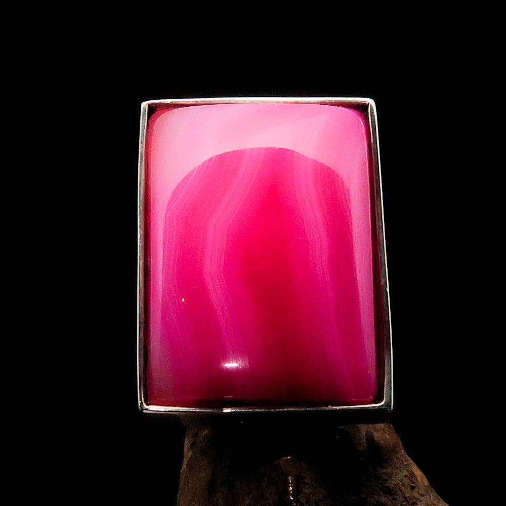 Pink Agate Ring, Sterling Silver Ring, Handmade Silver Ring, Unique Silver Ring, Rectangle shaped Cabochon, Agate Ring - Size 8.5-1