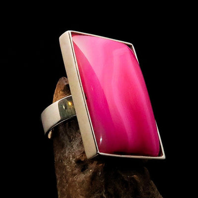 Pink Agate Ring, Sterling Silver Ring, Handmade Silver Ring, Unique Silver Ring, Rectangle shaped Cabochon, Agate Ring - Size 8.5-0
