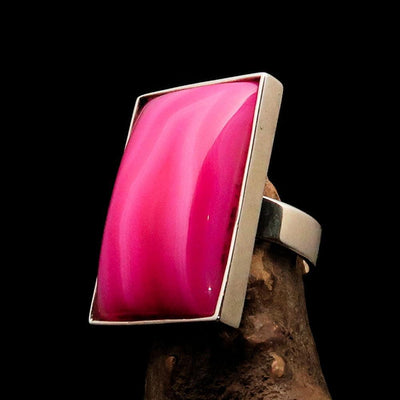 Pink Agate Ring, Sterling Silver Ring, Handmade Silver Ring, Unique Silver Ring, Rectangle shaped Cabochon, Agate Ring - Size 8.5-4