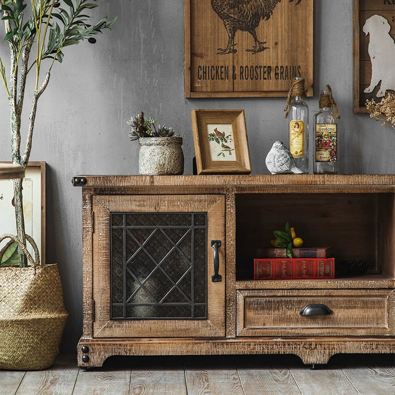 Retro Solid Wood TV Cabinet with Storage-1