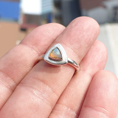 Natural Opal Ring, Minimalist Ring, Sterling Silver Ring, Solitaire Ring, triangle shaped Opal, Opal silver ring, Size 8.5-0