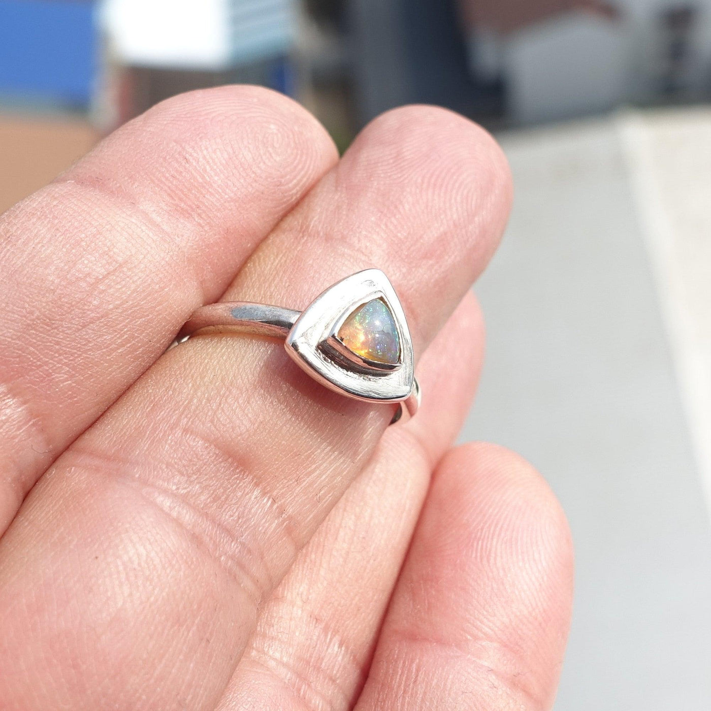 Natural Opal Ring, Minimalist Ring, Sterling Silver Ring, Solitaire Ring, triangle shaped Opal, Opal silver ring, Size 8.5-1
