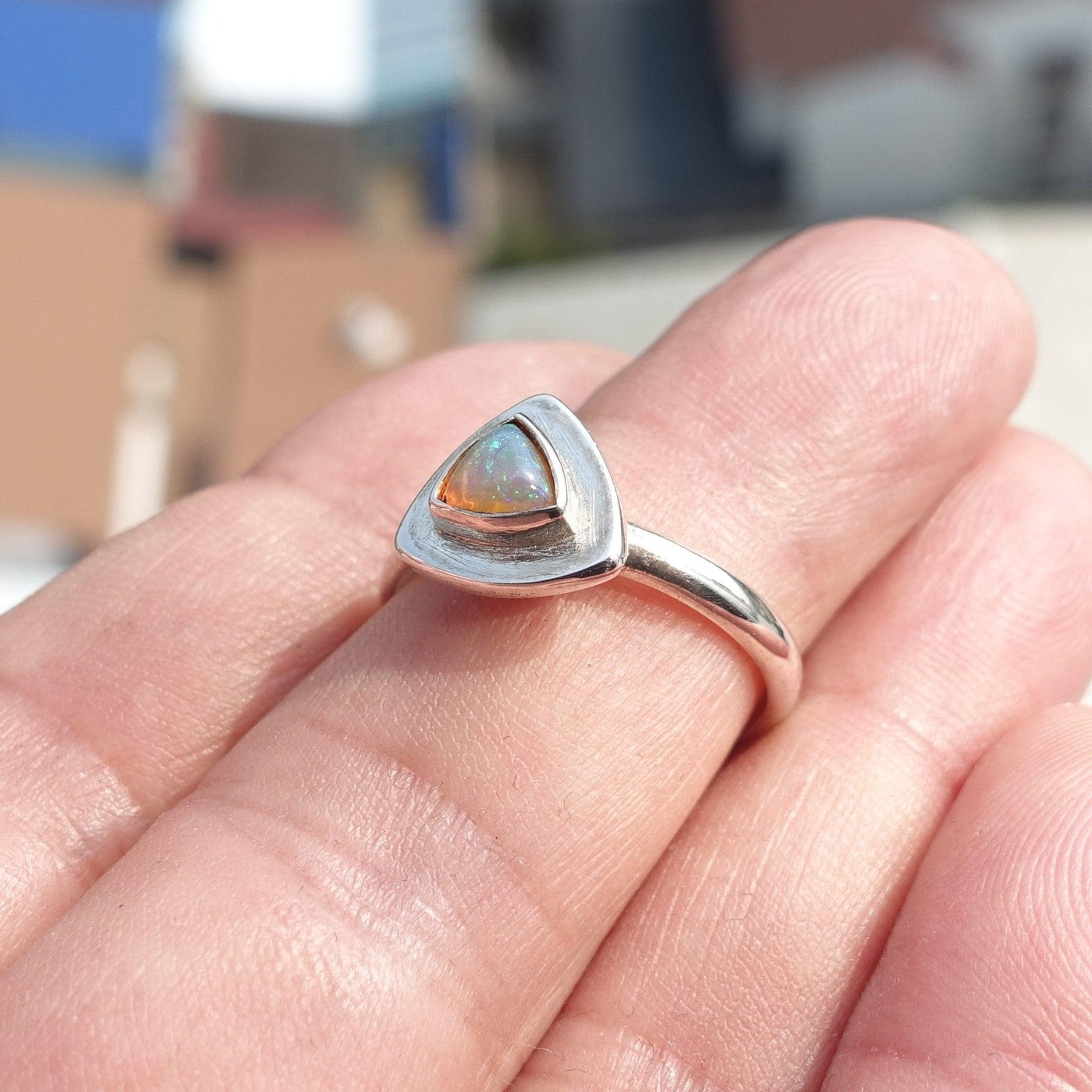 Natural Opal Ring, Minimalist Ring, Sterling Silver Ring, Solitaire Ring, triangle shaped Opal, Opal silver ring, Size 8.5-2