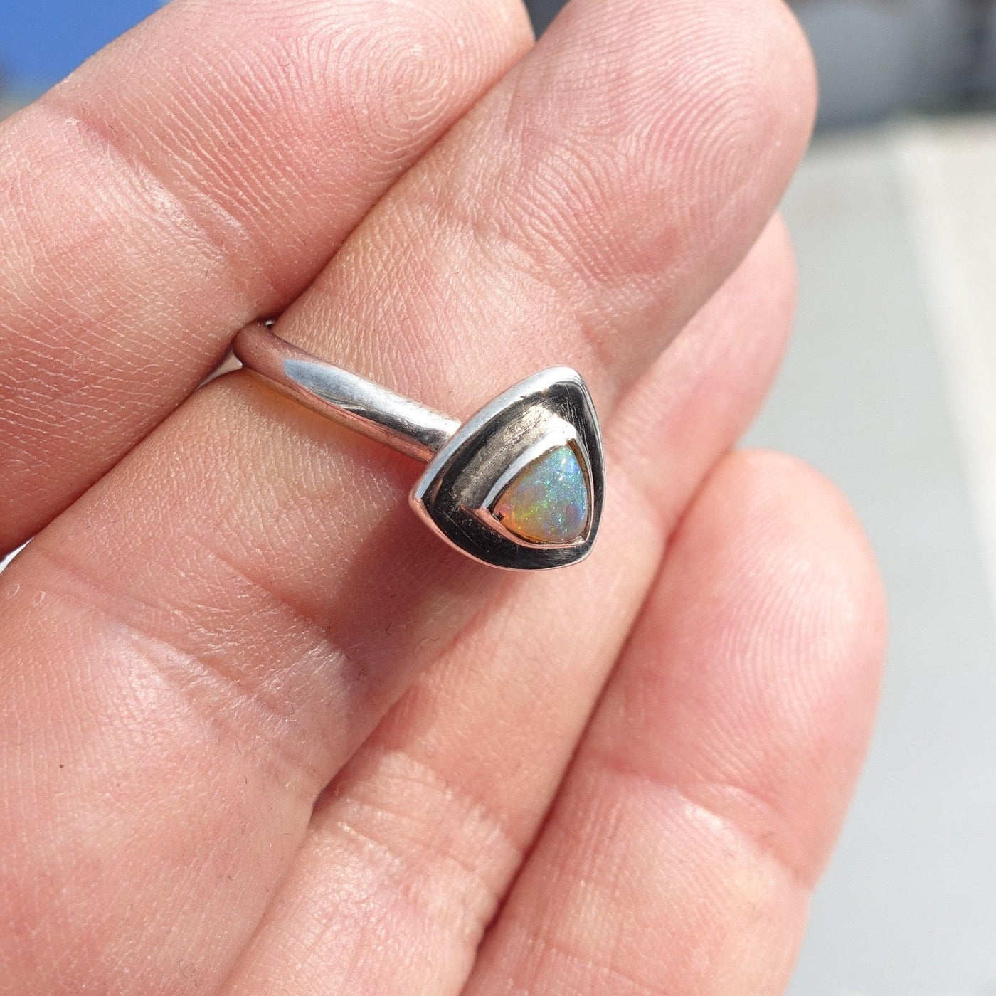 Natural Opal Ring, Minimalist Ring, Sterling Silver Ring, Solitaire Ring, triangle shaped Opal, Opal silver ring, Size 8.5-3
