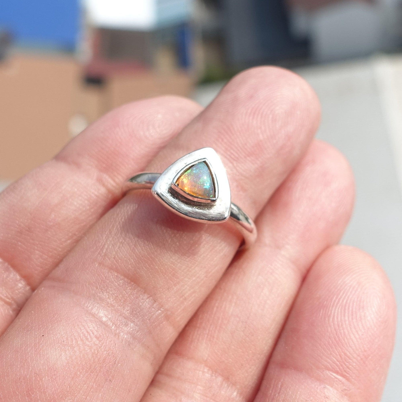 Natural Opal Ring, Minimalist Ring, Sterling Silver Ring, Solitaire Ring, triangle shaped Opal, Opal silver ring, Size 8.5-4