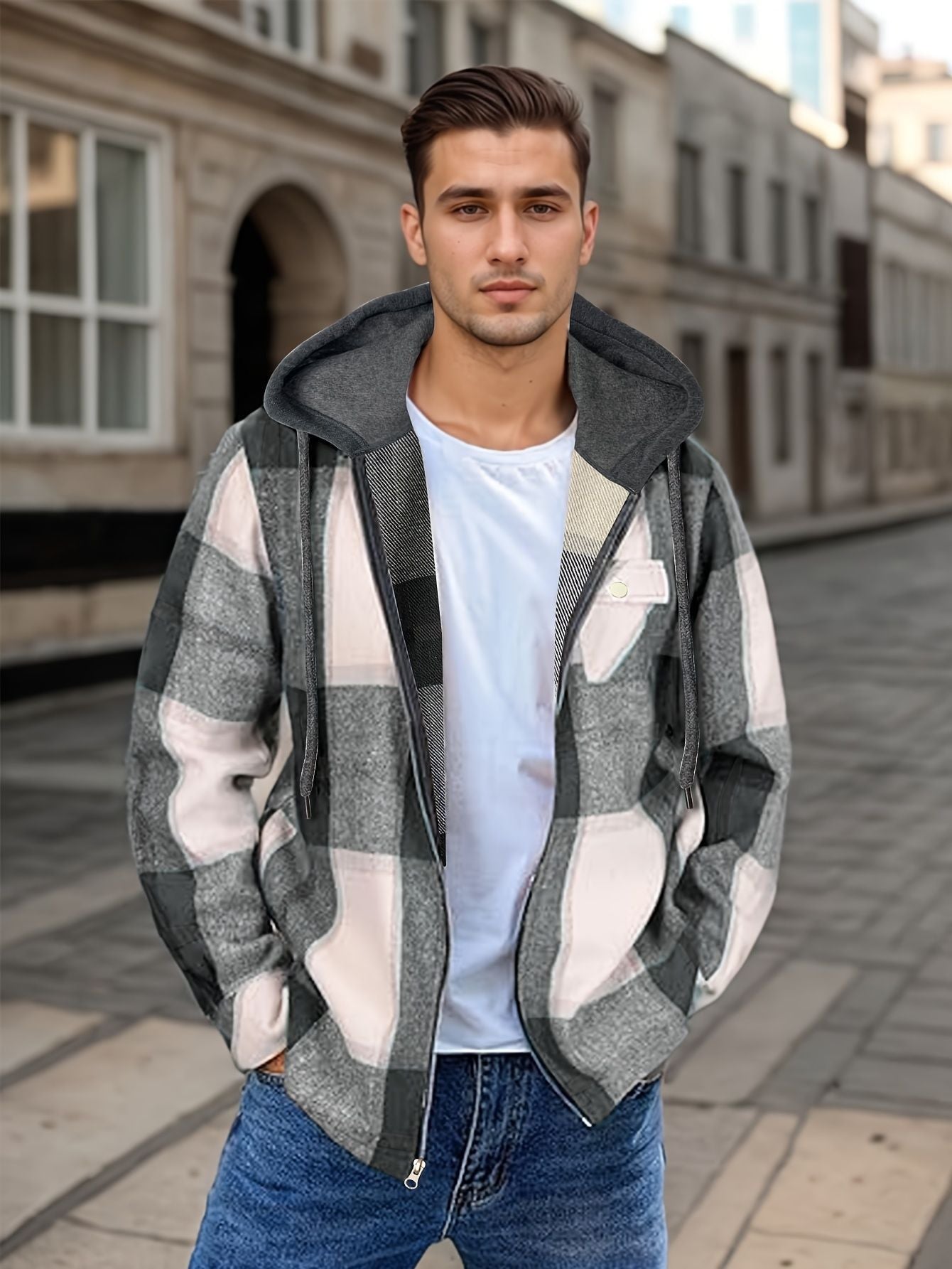 Men's Flannel Jacket Zipper Hooded Jacket