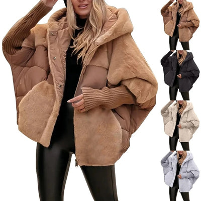 Women's Loose Cotton Coat Faux Fur Patchwork Winter Coat Comfort Chic Long Sleeve Hooded Jacket