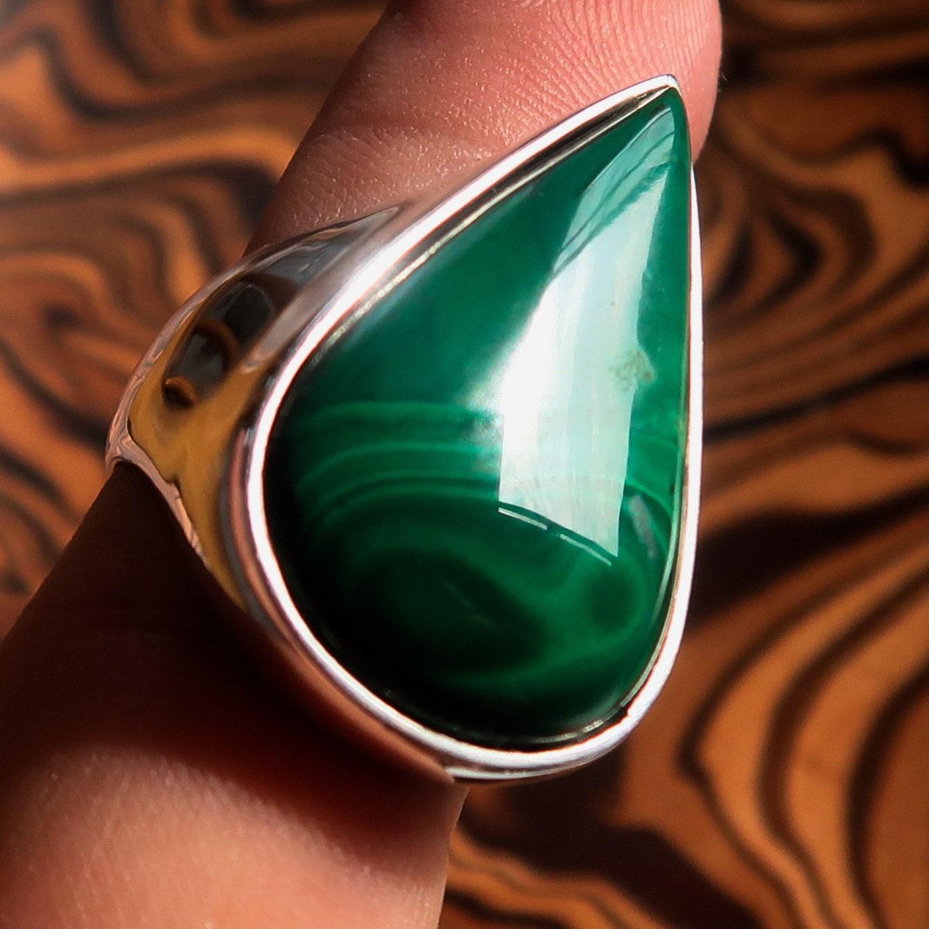 Malachite Silver Ring, Sterling Silver Ring, Pear shaped Ring, Natural Green Malachite Ring, Handmade Silver Ring Gift for Her - Size 8.5-0