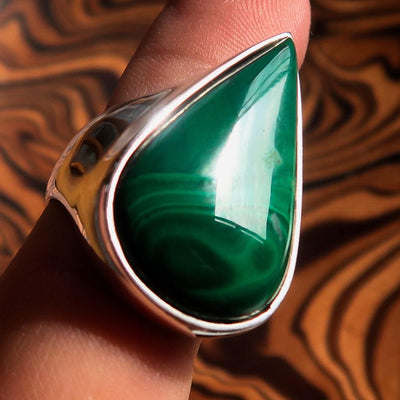 Malachite Silver Ring, Sterling Silver Ring, Pear shaped Ring, Natural Green Malachite Ring, Handmade Silver Ring Gift for Her - Size 8.5-0