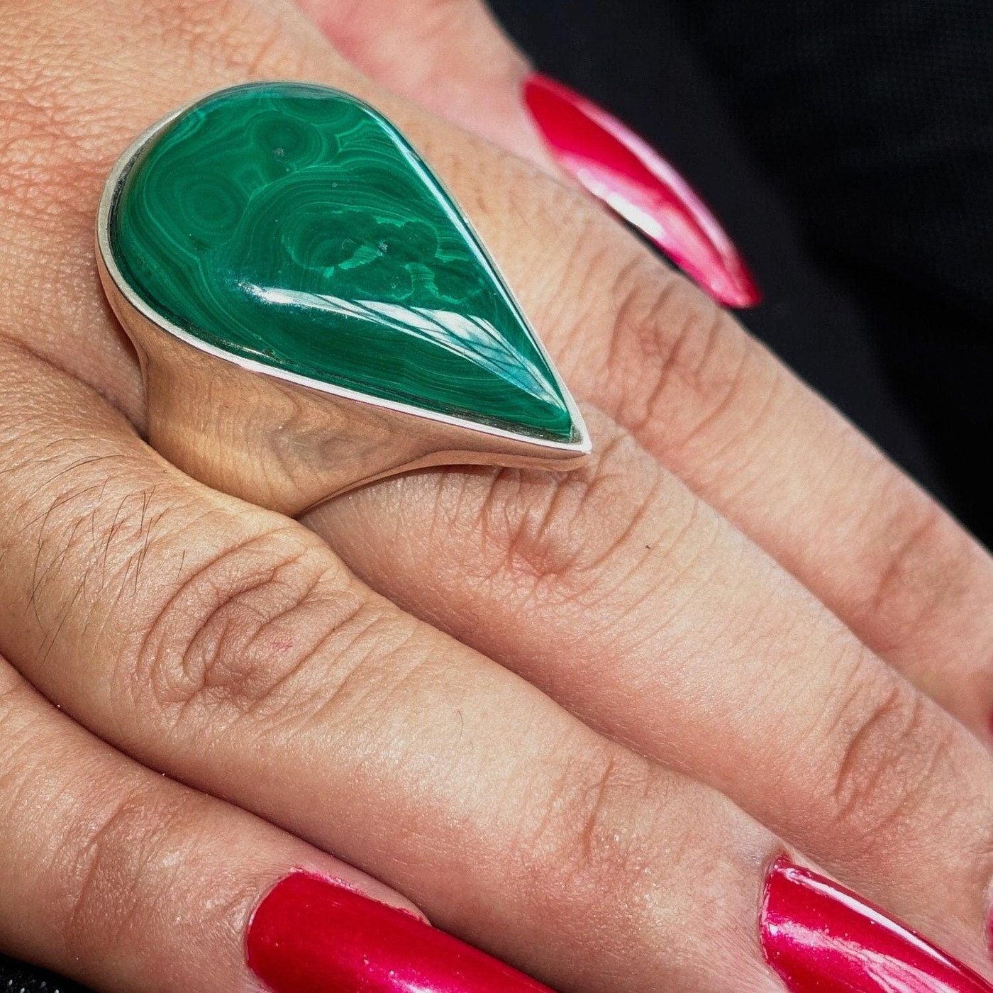 Green Malachite Ring, Sterling Silver Ring, Handmade Silver Ring, Unique Silver Ring, Malachite Ring, Pear shaped Malachite, Gift - Size 10-1