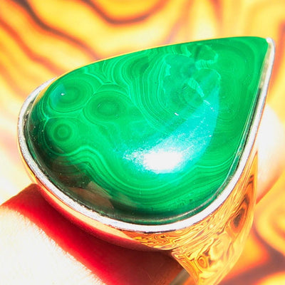 Green Malachite Ring, Sterling Silver Ring, Handmade Silver Ring, Unique Silver Ring, Malachite Ring, Pear shaped Malachite, Gift - Size 10-2