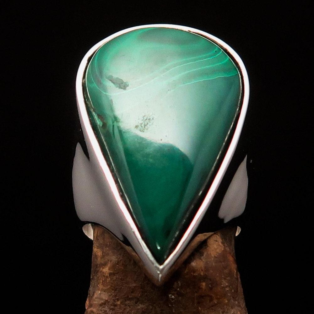 Malachite Silver Ring, Sterling Silver Ring, Pear shaped Ring, Natural Green Malachite Ring, Handmade Silver Ring Gift for Her - Size 8.5-2