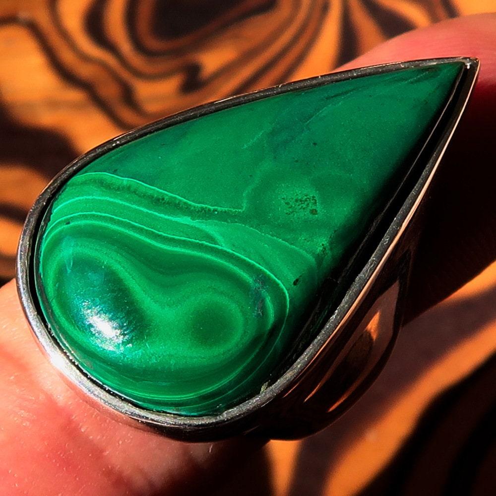 Malachite Silver Ring, Sterling Silver Ring, Pear shaped Ring, Natural Green Malachite Ring, Handmade Silver Ring Gift for Her - Size 8.5-1