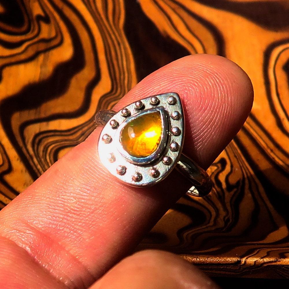 Opal Ring, Gemstone Ring, Sterling Silver Ring, Solitaire Ring, Band Ring with pear shaped orange Opal, handmade jewelry, gift - Size 9.5-3