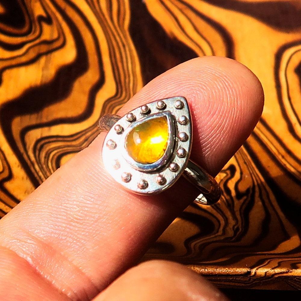 Opal Ring, Gemstone Ring, Sterling Silver Ring, Solitaire Ring, Band Ring with pear shaped orange Opal, handmade jewelry, gift - Size 9.5-2