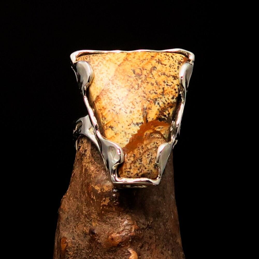Jasper Ring, Fancy shaped asymmetric Artwork ring, Sterling Silver Ring, Picture Jasper ring, handmade silver ring, unique ring - size 8-1