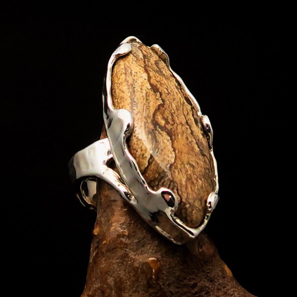Handmade Jasper Ring, Marquise shaped ring, Artwork Sterling Silver Ring, Picture Jasper ring, handmade silver ring, unique design - Size 8-0