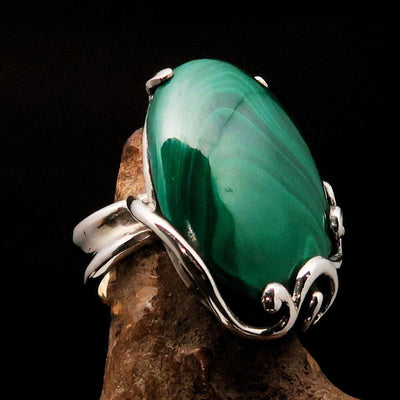 Green Malachite Ring, unique artwork, Sterling Silver Ring, handmade silver ring, gift for her, oval malachite ring, unique ring- Size 10.5-3