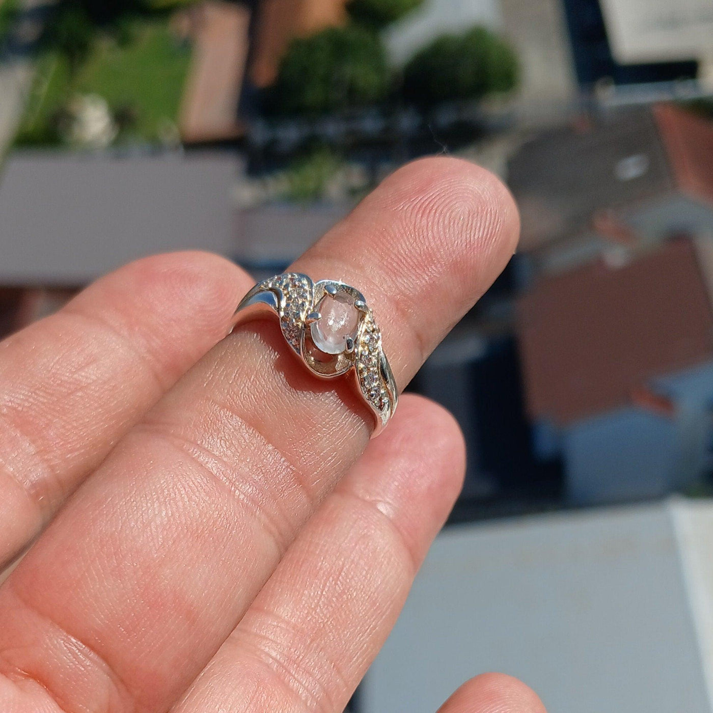 Moonstone Ring, Moonstone Silver Ring, Gemstone Sterling Silver ring, Solitaire Ring, oval Ceylon Moonstone and 10 CZ handmade ring Size 7.5-3