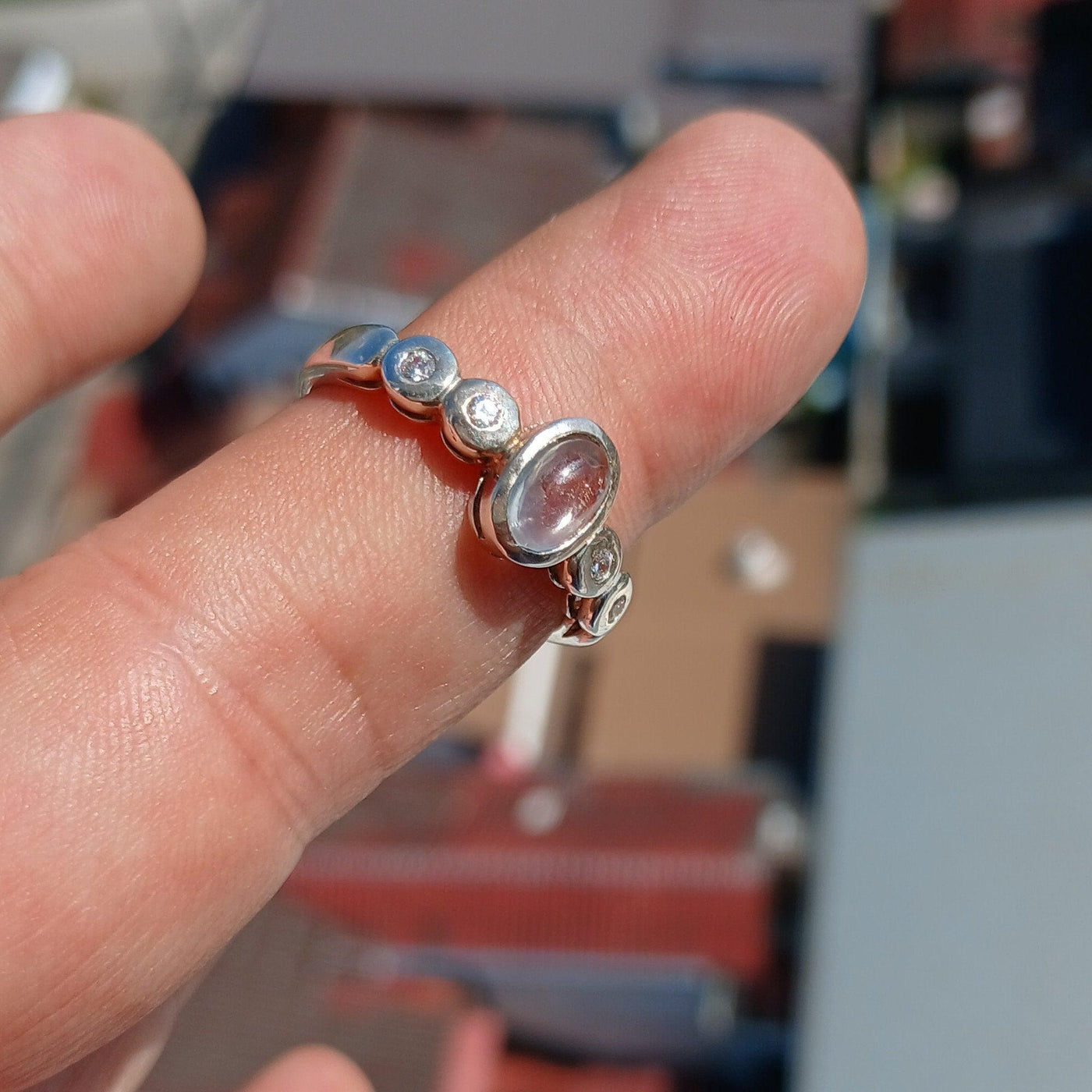 Moonstone Ring, Moonstone Silver Ring, Square shaped Ring, Sterling Silver Ring, oval Ceylon Moonstone and 4 CZ, handmade ring - Size 7.5-1