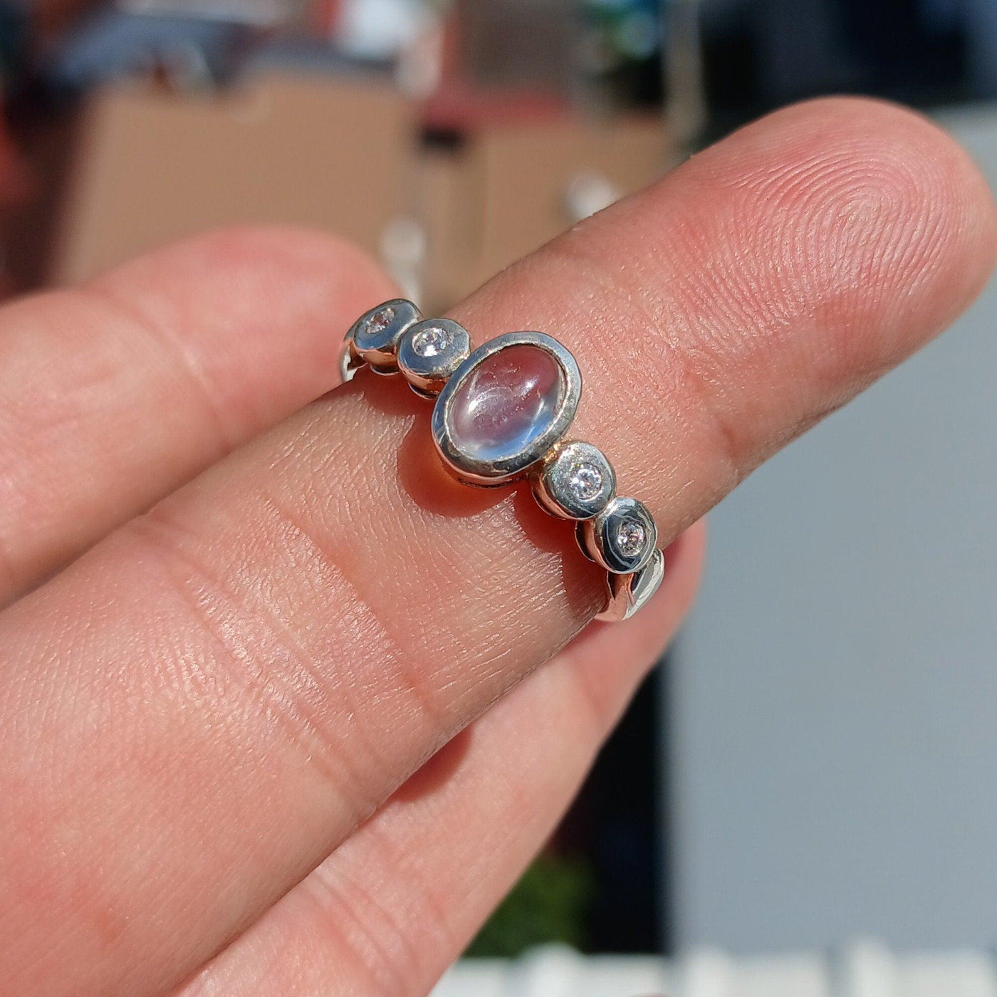 Moonstone Ring, Moonstone Silver Ring, Square shaped Ring, Sterling Silver Ring, oval Ceylon Moonstone and 4 CZ, handmade ring - Size 7.5-2
