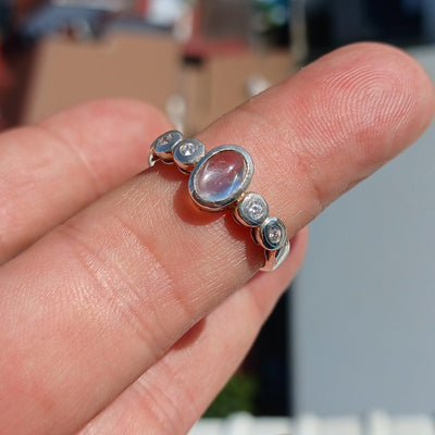 Moonstone Ring, Moonstone Silver Ring, Square shaped Ring, Sterling Silver Ring, oval Ceylon Moonstone and 4 CZ, handmade ring - Size 7.5-2