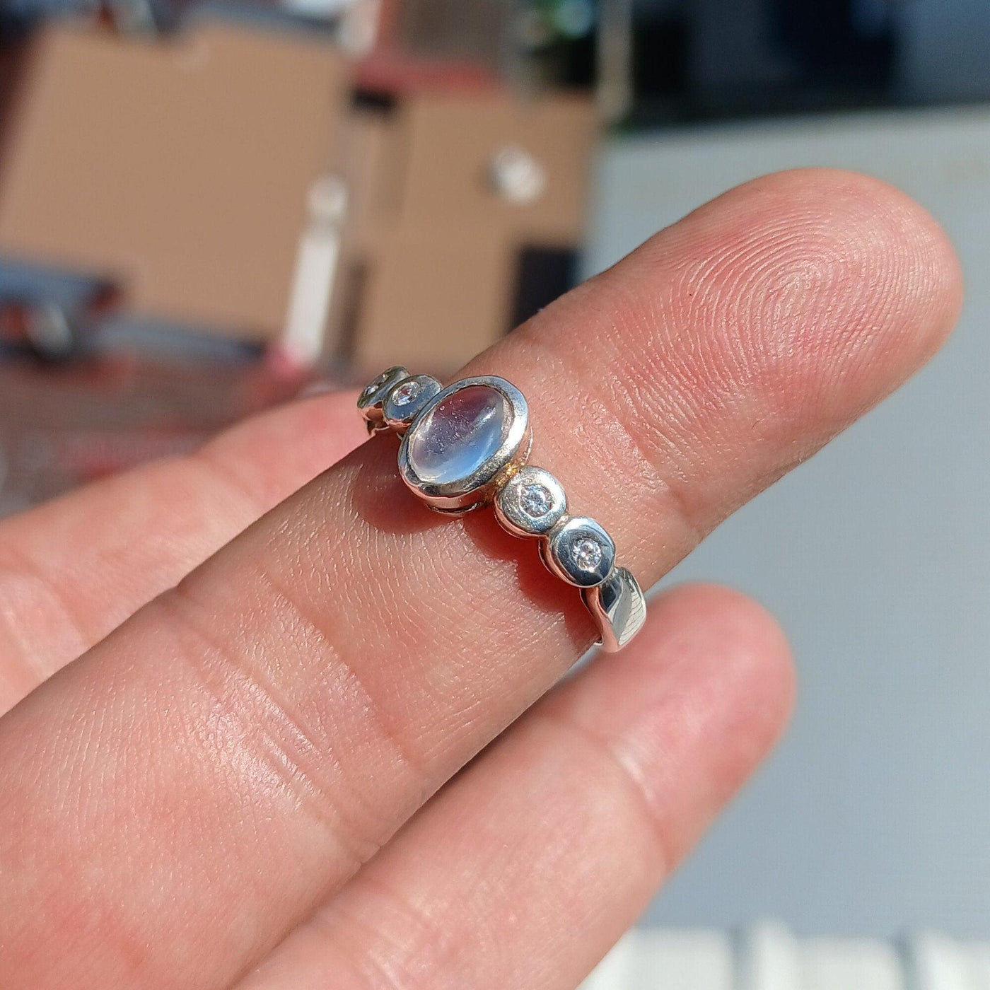 Moonstone Ring, Moonstone Silver Ring, Square shaped Ring, Sterling Silver Ring, oval Ceylon Moonstone and 4 CZ, handmade ring - Size 7.5-0