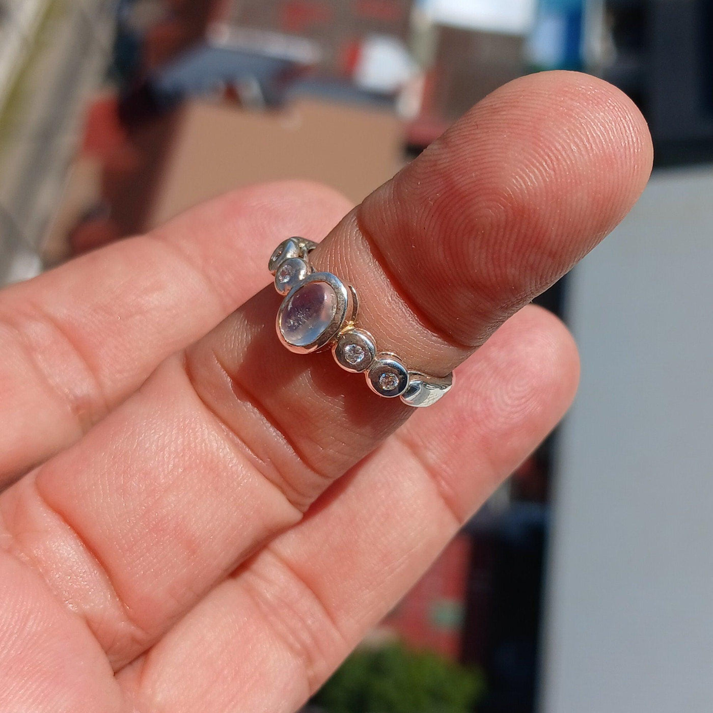 Moonstone Ring, Moonstone Silver Ring, Square shaped Ring, Sterling Silver Ring, oval Ceylon Moonstone and 4 CZ, handmade ring - Size 7.5-3