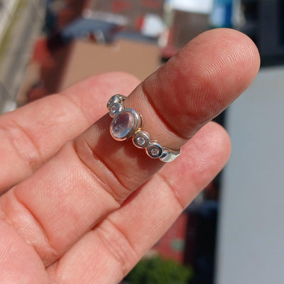 Moonstone Ring, Moonstone Silver Ring, Square shaped Ring, Sterling Silver Ring, oval Ceylon Moonstone and 4 CZ, handmade ring - Size 7.5-3
