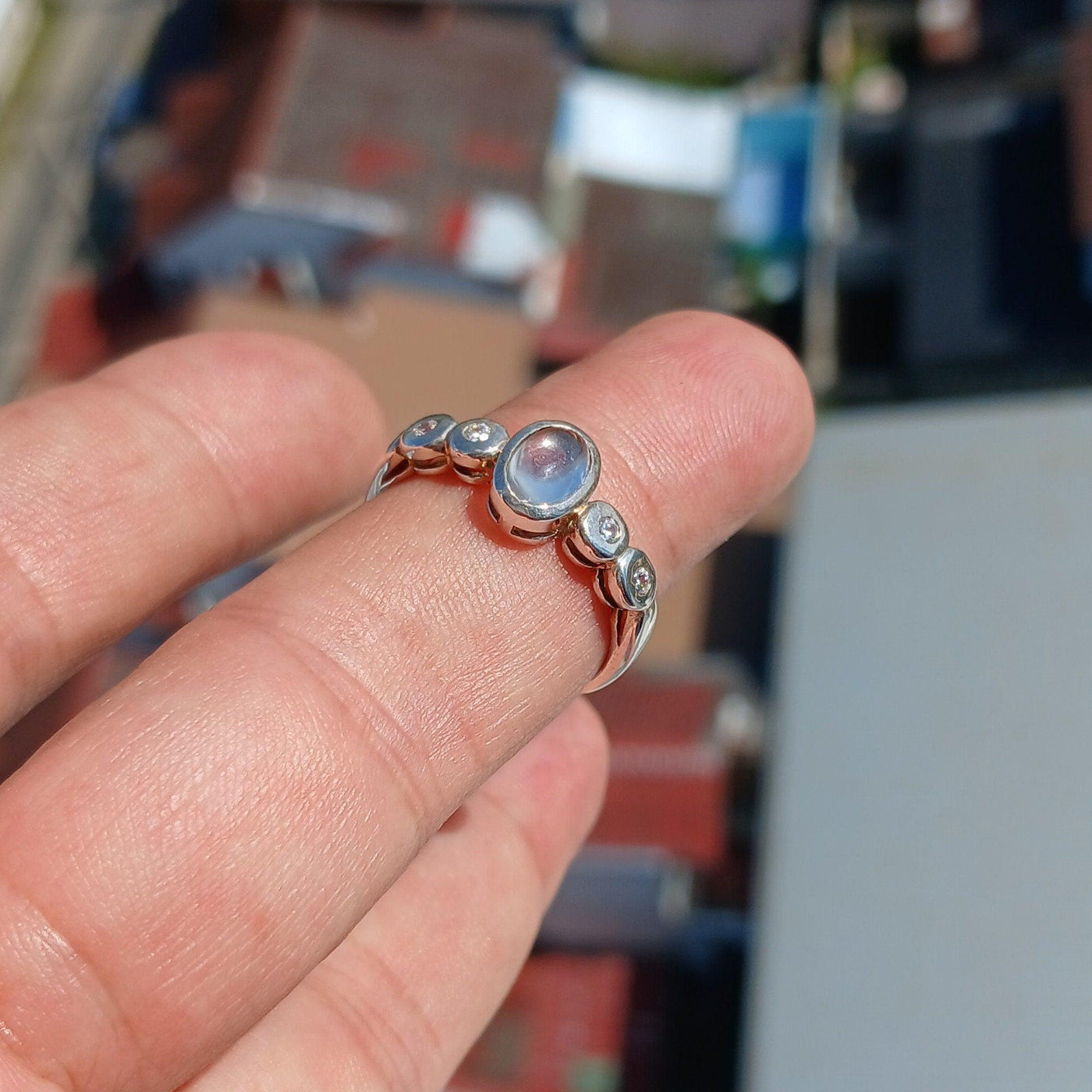 Moonstone Ring, Moonstone Silver Ring, Square shaped Ring, Sterling Silver Ring, oval Ceylon Moonstone and 4 CZ, handmade ring - Size 7.5-4