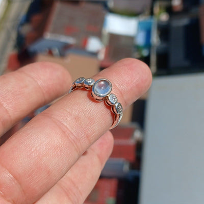 Moonstone Ring, Moonstone Silver Ring, Square shaped Ring, Sterling Silver Ring, oval Ceylon Moonstone and 4 CZ, handmade ring - Size 7.5-4