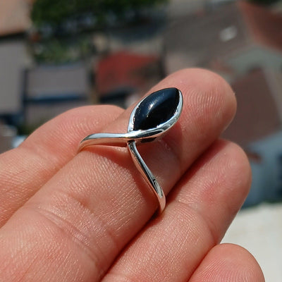 Black Onyx Ring, Sterling Silver Ring, Solitaire Ring, black Onyx Marquise Cabochon, handmade gemstone ring, 925 ring gift for her -Size 8.5-3