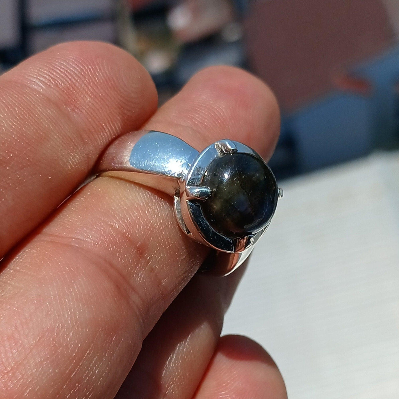 Sterling Silver Labradorite Ring, Solitaire Ring, Men's Silver Ring, Bold Ring, Gift for Him, Sterling Silver Ring, Unique Design, Size 9.5-1