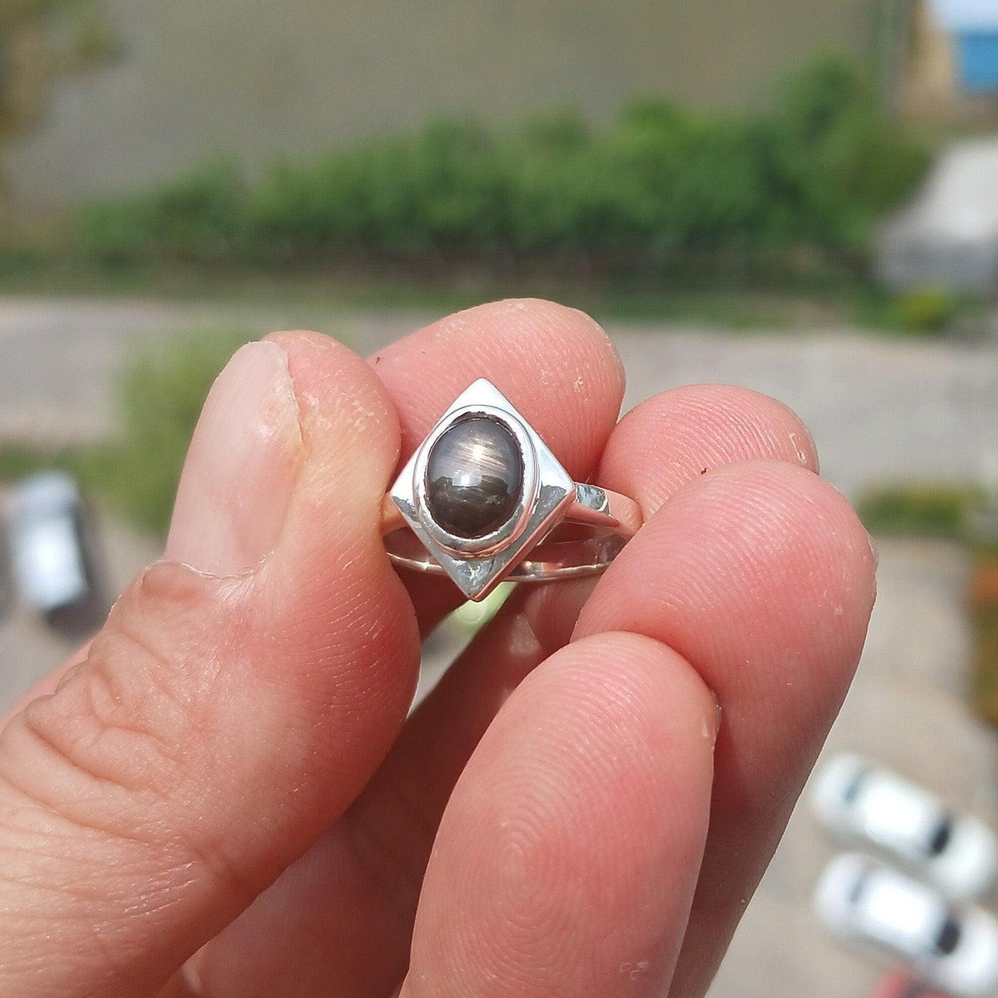 Black Star Sapphire Ring, Sterling Silver Ring, Diamond shaped Ring, Black Sapphire Ring, Gift for Her, Star Sapphire Ring - size 6.5-4