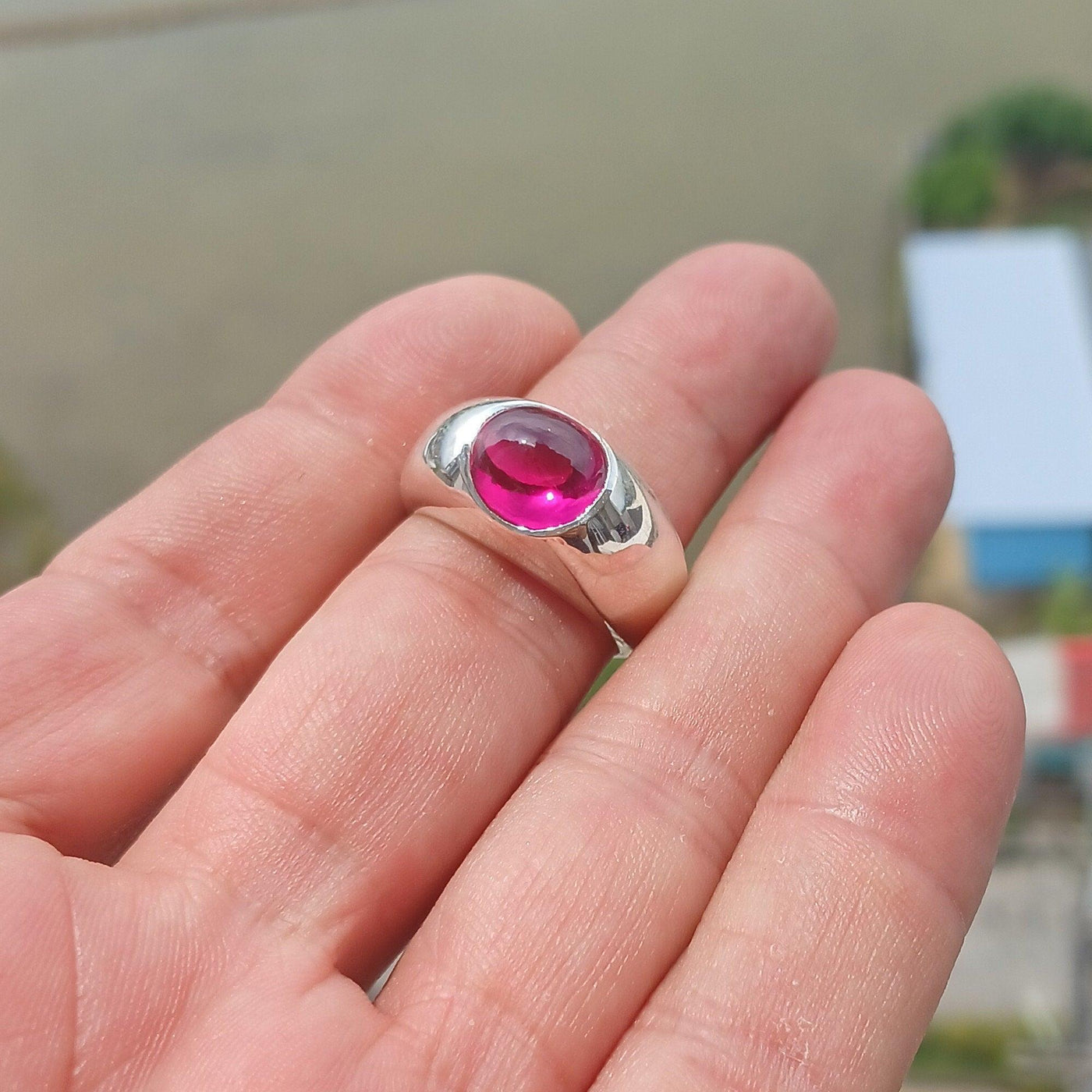 Pink CZ Cabochon Ring, Sterling Silver Ring, Solitaire Ring, pink Cubic Zirconia Ring, handmade gemstone ring, Minimalist design - size 9-3