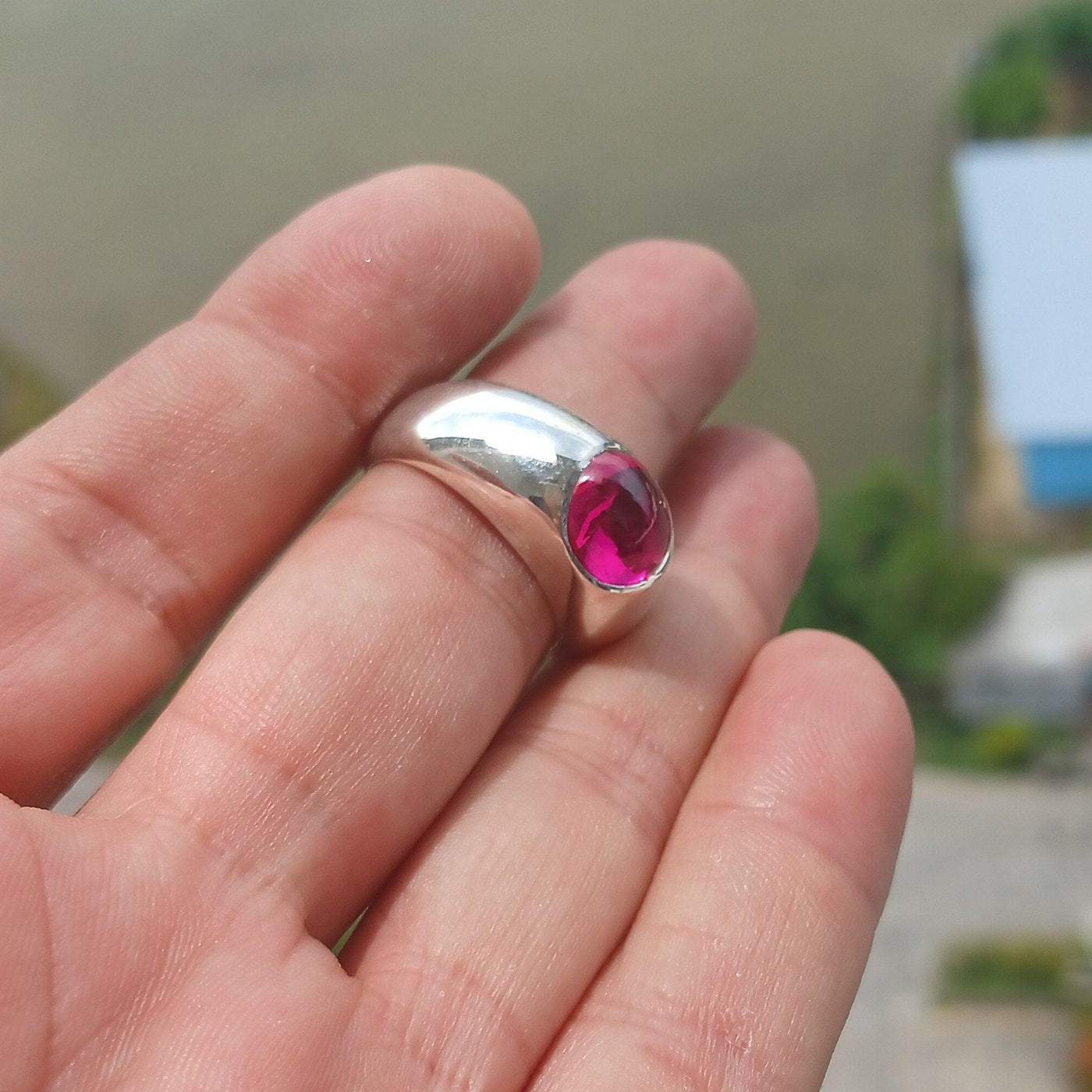 Pink CZ Cabochon Ring, Sterling Silver Ring, Solitaire Ring, pink Cubic Zirconia Ring, handmade gemstone ring, Minimalist design - size 9-4