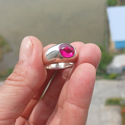 Pink CZ Cabochon Ring, Sterling Silver Ring, Solitaire Ring, pink Cubic Zirconia Ring, handmade gemstone ring, Minimalist design - size 9-0